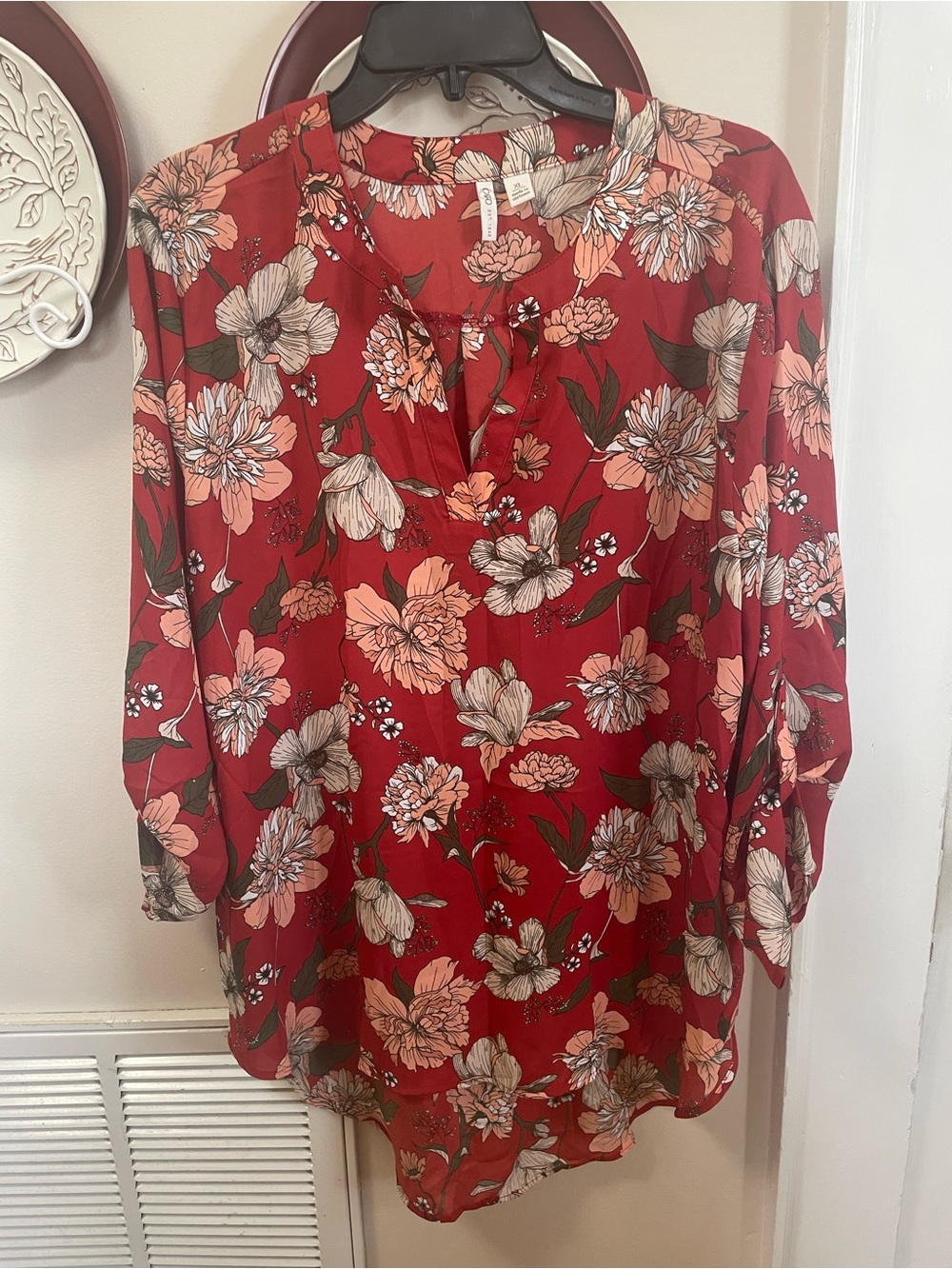 Cato Red Floral Tie-Front Tunic